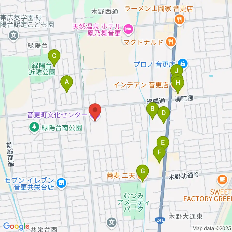 音更町文化センター周辺のファミレス・ファーストフード一覧地図
