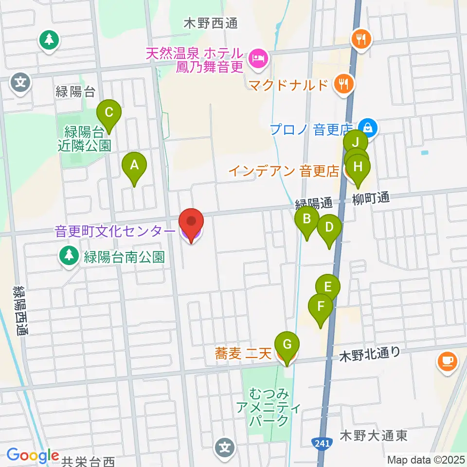 音更町文化センター周辺のファミレス・ファーストフード一覧地図