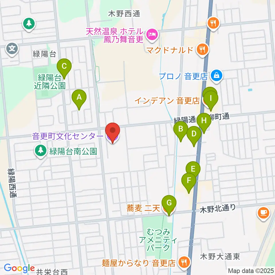 音更町文化センター周辺のファミレス・ファーストフード一覧地図