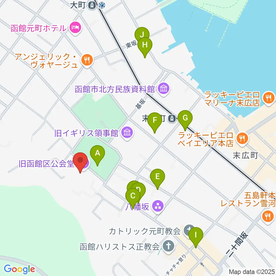 旧函館区公会堂周辺のファミレス・ファーストフード一覧地図