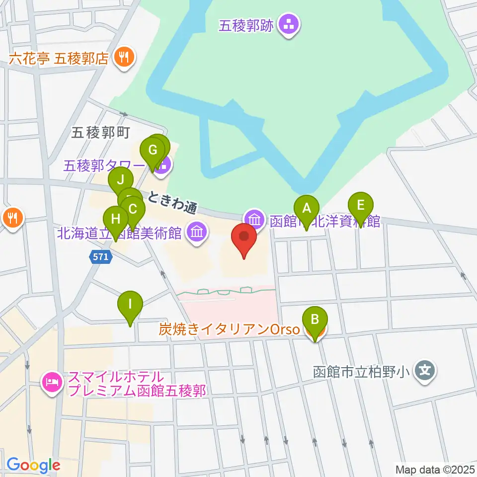 函館市芸術ホール ハーモニー五稜郭周辺のファミレス・ファーストフード一覧地図