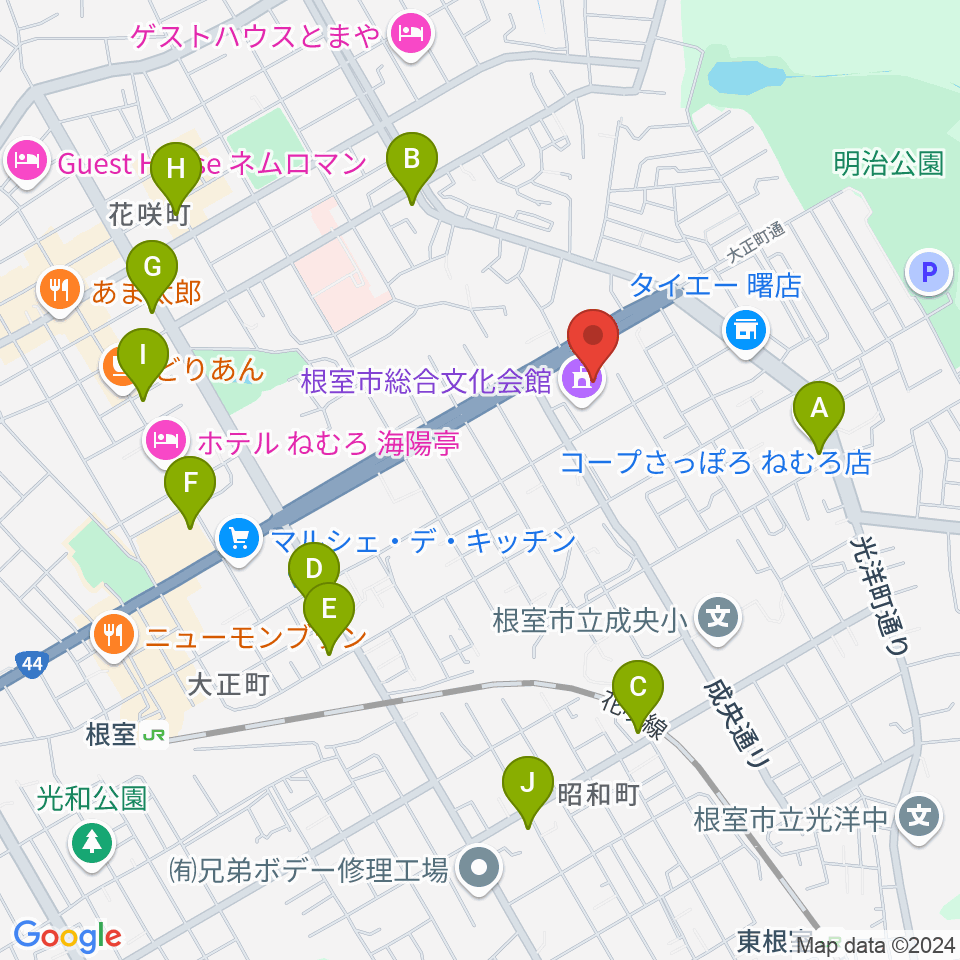 根室市総合文化会館周辺のファミレス・ファーストフード一覧地図