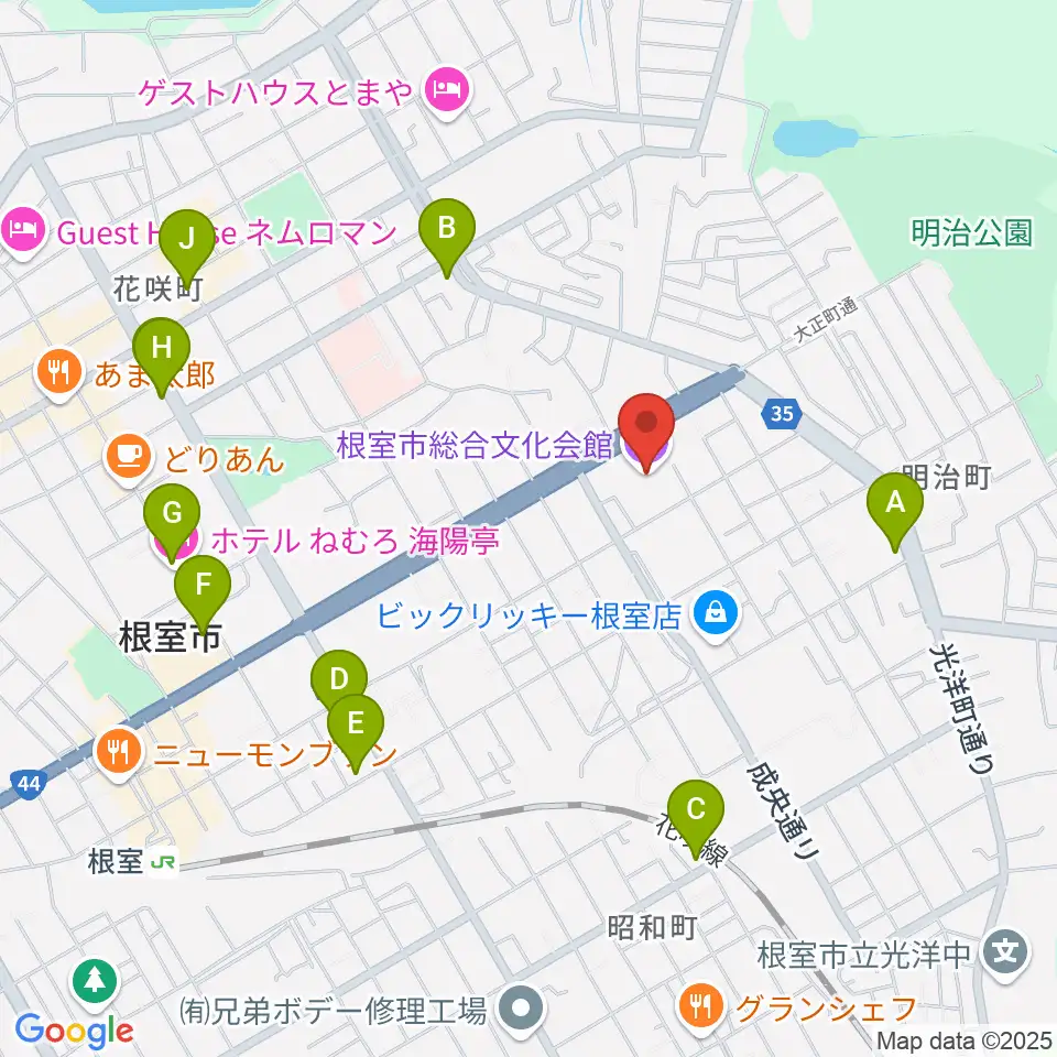 根室市総合文化会館周辺のファミレス・ファーストフード一覧地図