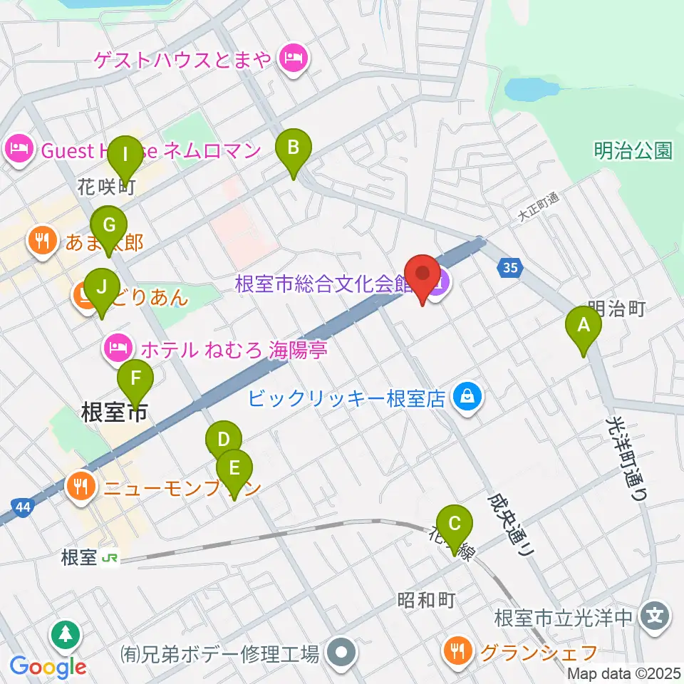 根室市総合文化会館周辺のファミレス・ファーストフード一覧地図