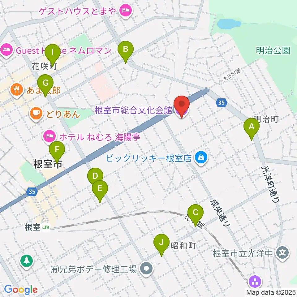 根室市総合文化会館周辺のファミレス・ファーストフード一覧地図