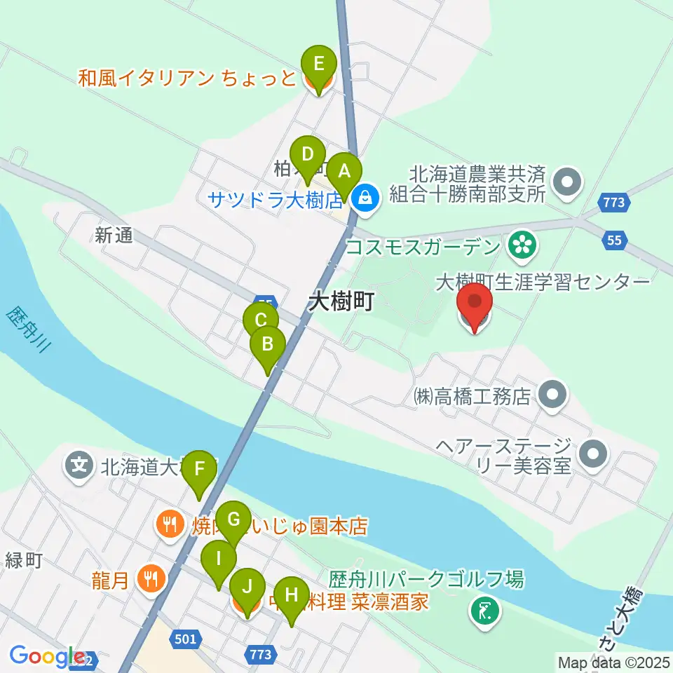 大樹町生涯学習センター周辺のファミレス・ファーストフード一覧地図
