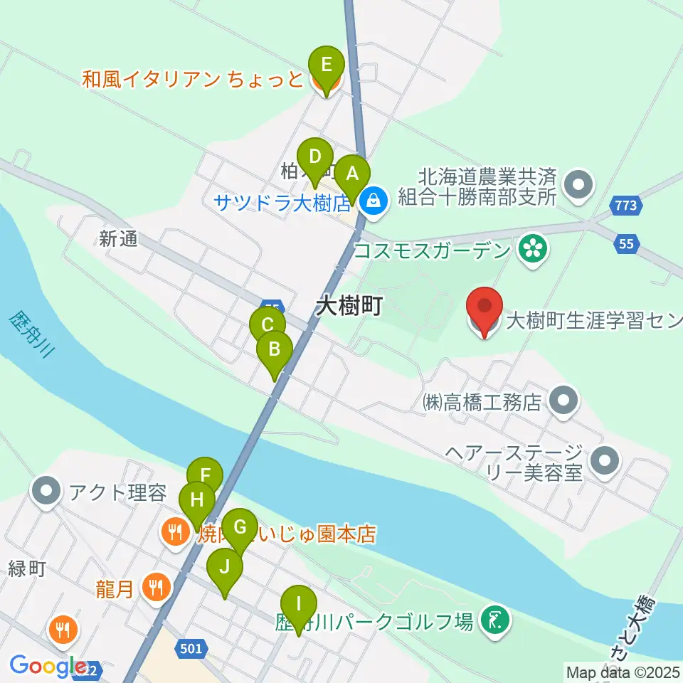 大樹町生涯学習センター周辺のファミレス・ファーストフード一覧地図