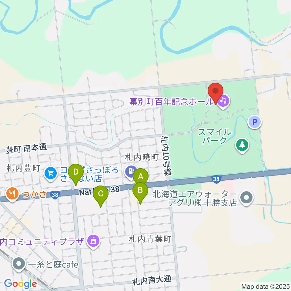 幕別町百年記念ホール周辺のファミレス・ファーストフード一覧地図