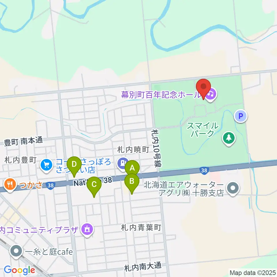 幕別町百年記念ホール周辺のファミレス・ファーストフード一覧地図