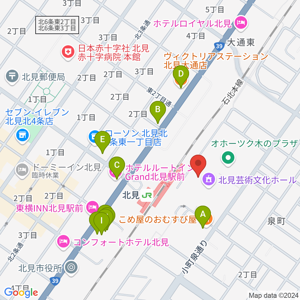 北見芸術文化ホール きた・アート21周辺のファミレス・ファーストフード一覧地図