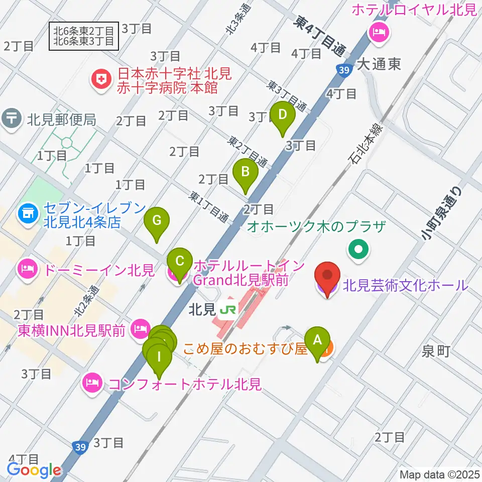 NiCC芸術文化ホール周辺のファミレス・ファーストフード一覧地図