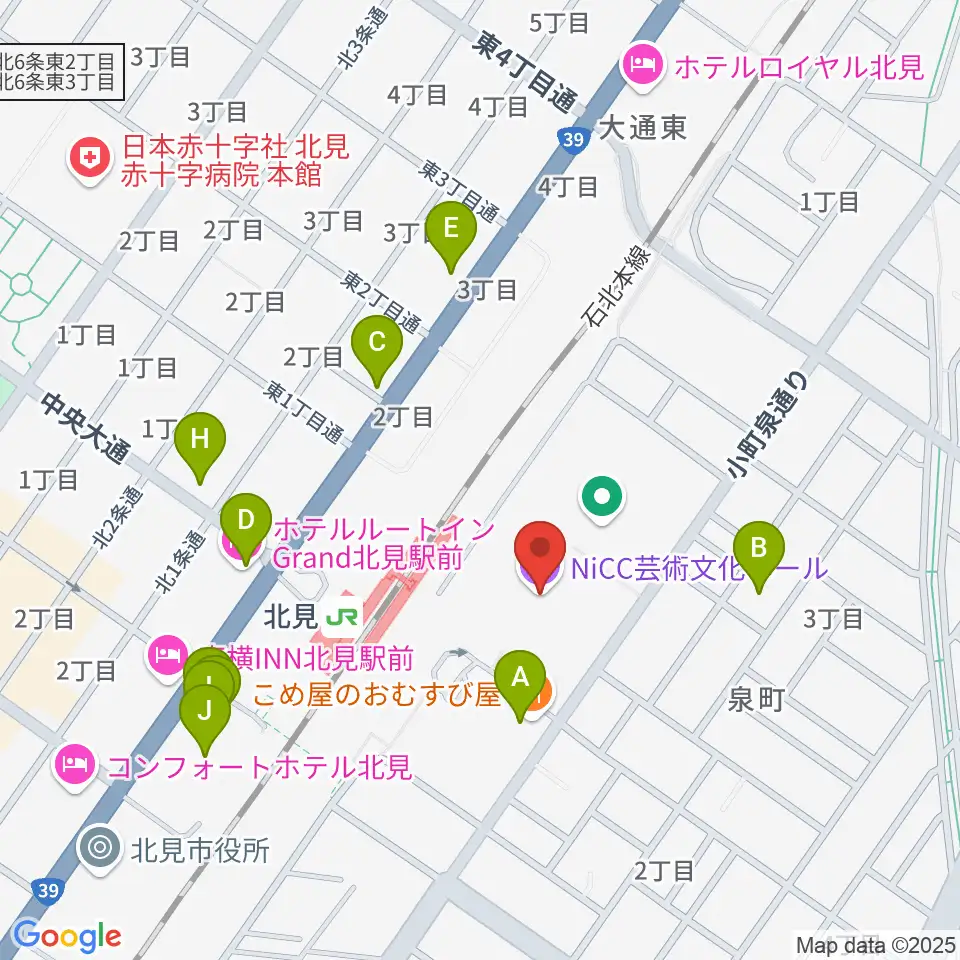 NiCC芸術文化ホール周辺のファミレス・ファーストフード一覧地図