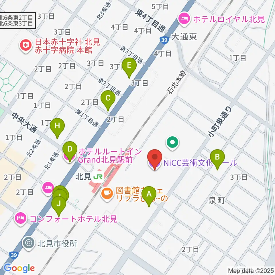NiCC芸術文化ホール周辺のファミレス・ファーストフード一覧地図