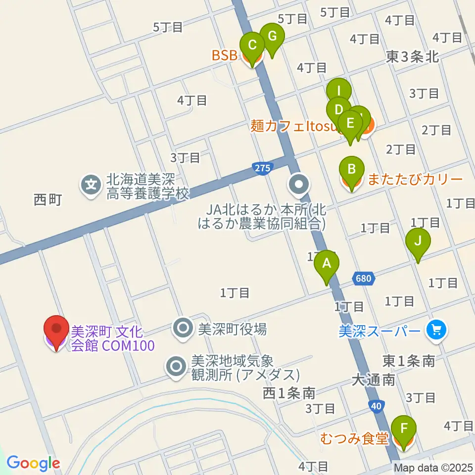 美深町文化会館COM100周辺のファミレス・ファーストフード一覧地図
