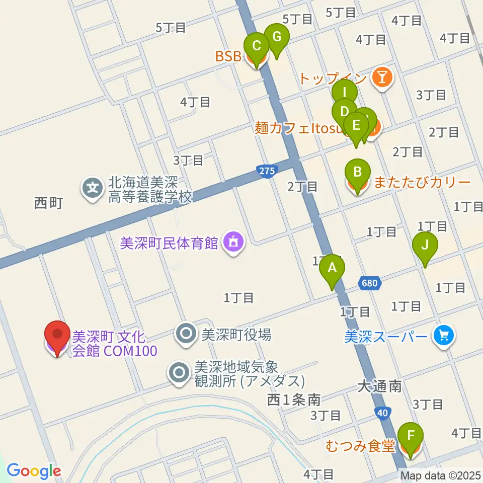 美深町文化会館COM100周辺のファミレス・ファーストフード一覧地図