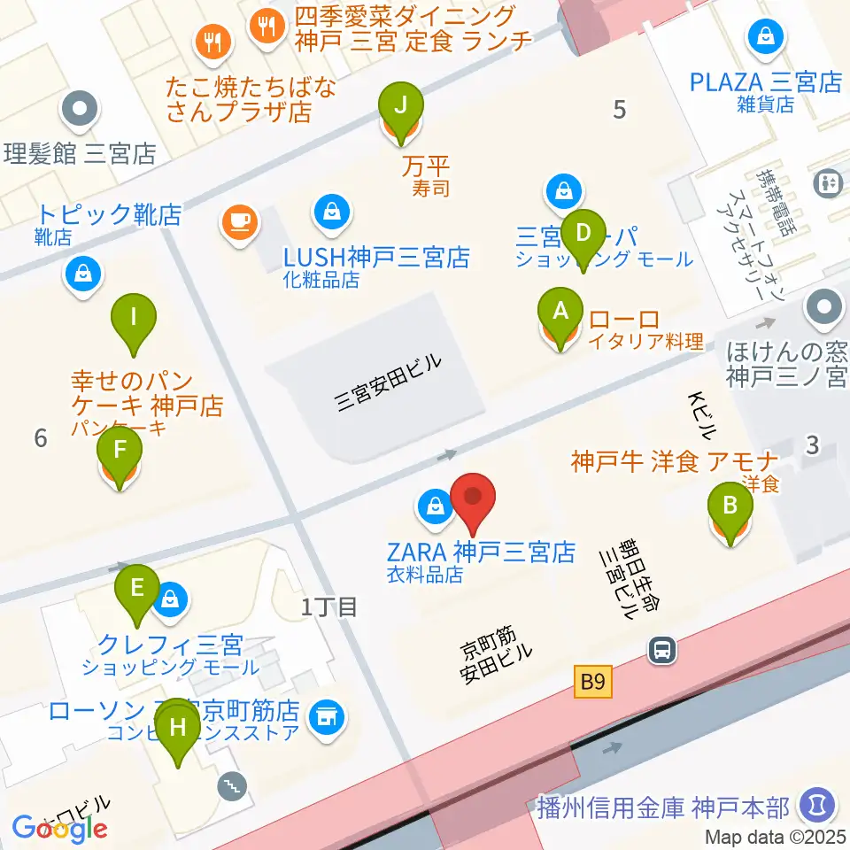 ベースオントップ三宮店周辺のファミレス・ファーストフード一覧地図