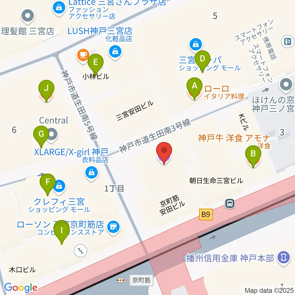 ベースオントップ三宮店周辺のファミレス・ファーストフード一覧地図