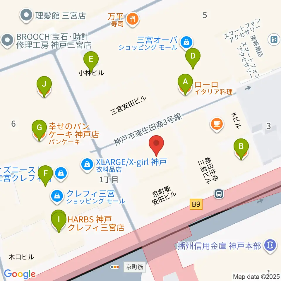 ベースオントップ三宮店周辺のファミレス・ファーストフード一覧地図