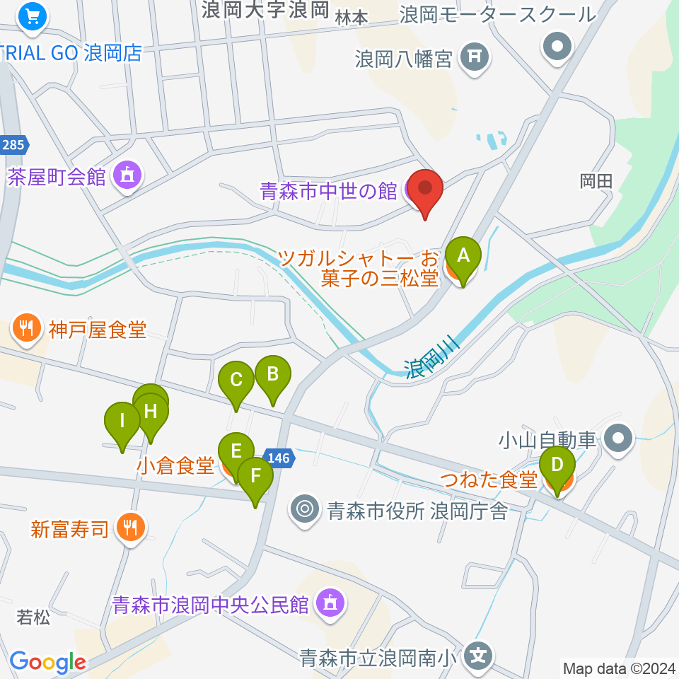 青森市中世の館周辺のファミレス・ファーストフード一覧地図