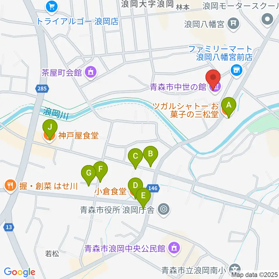 青森市中世の館周辺のファミレス・ファーストフード一覧地図