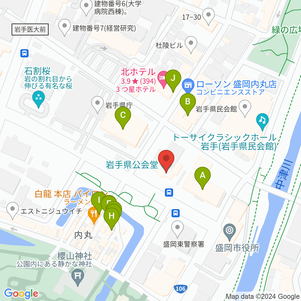 岩手県公会堂周辺のファミレス・ファーストフード一覧地図