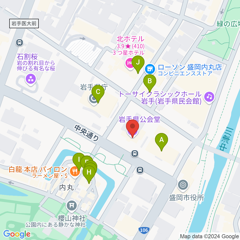 岩手県公会堂周辺のファミレス・ファーストフード一覧地図