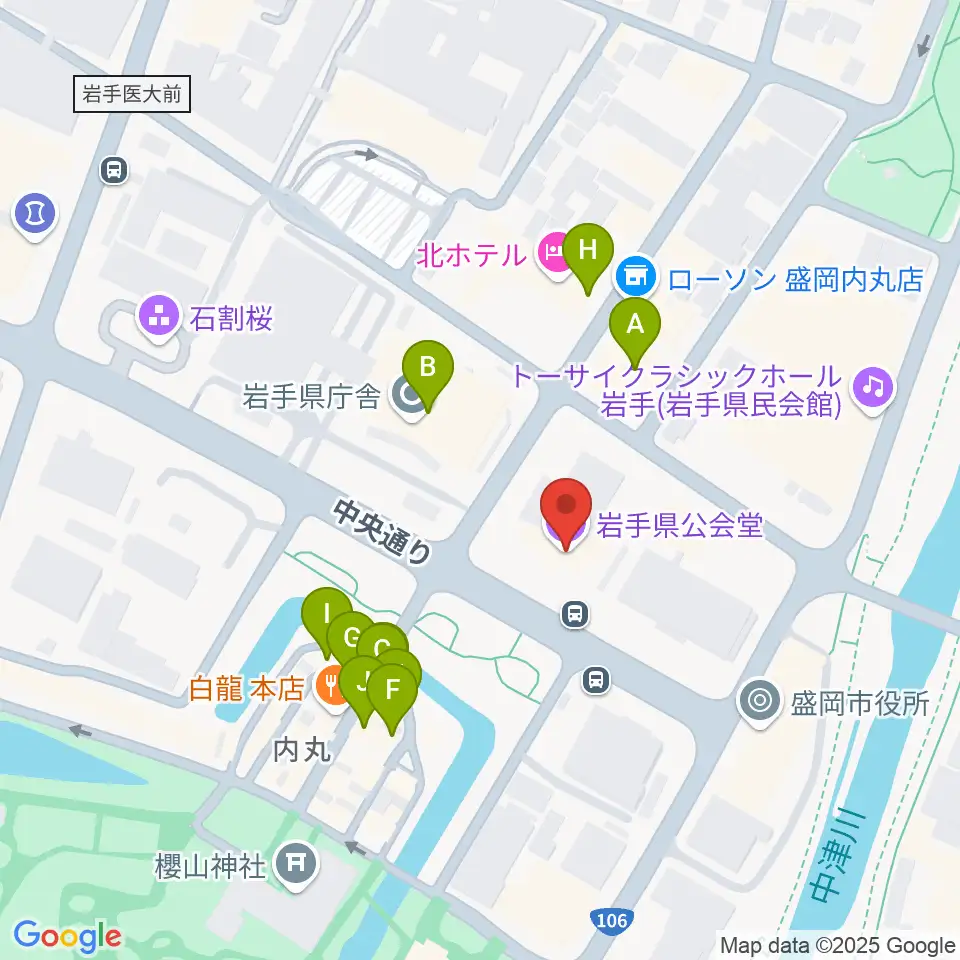 岩手県公会堂周辺のファミレス・ファーストフード一覧地図