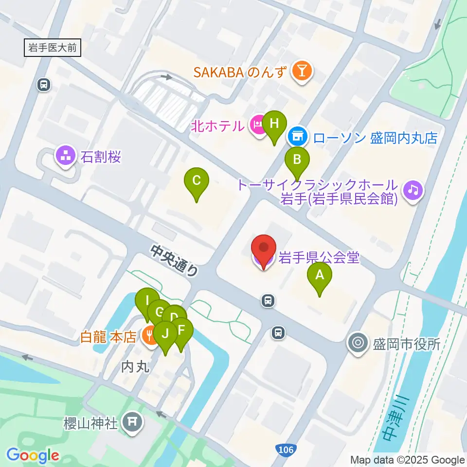 岩手県公会堂周辺のファミレス・ファーストフード一覧地図