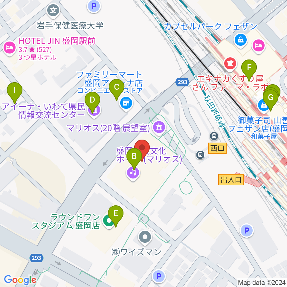 盛岡市民文化ホール周辺のファミレス・ファーストフード一覧地図