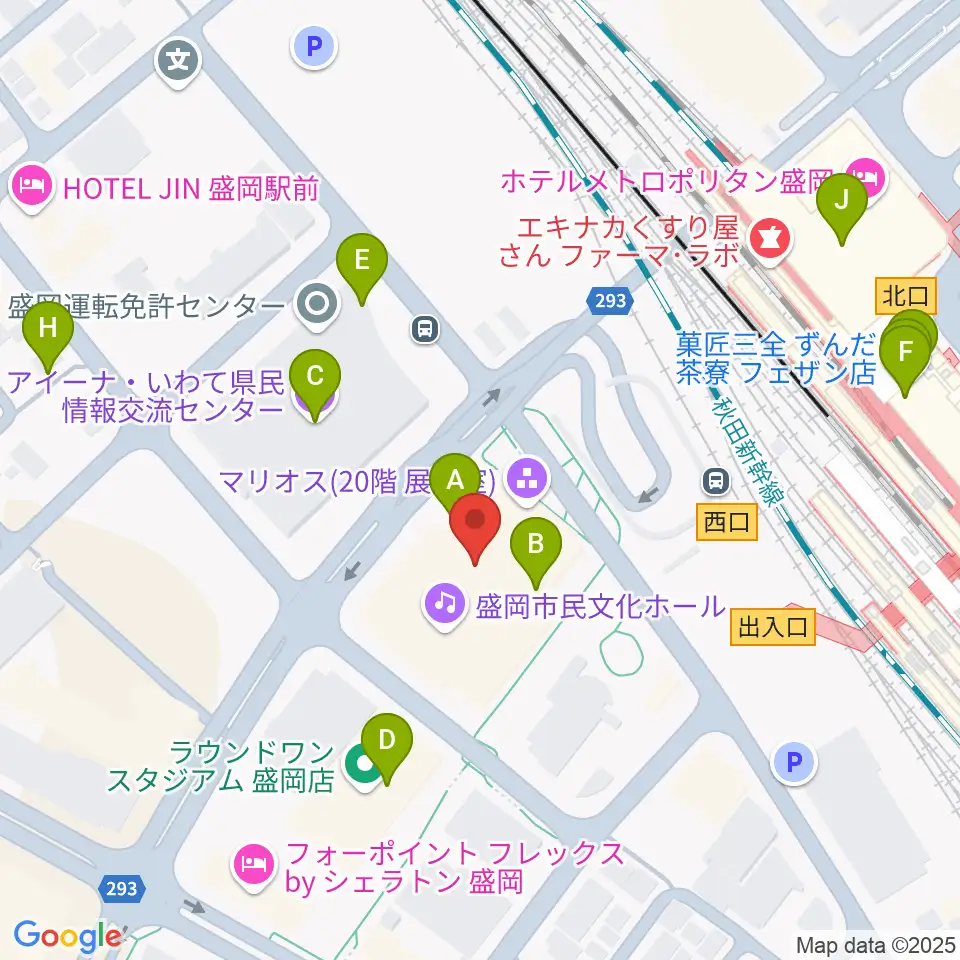 盛岡市民文化ホール周辺のファミレス・ファーストフード一覧地図