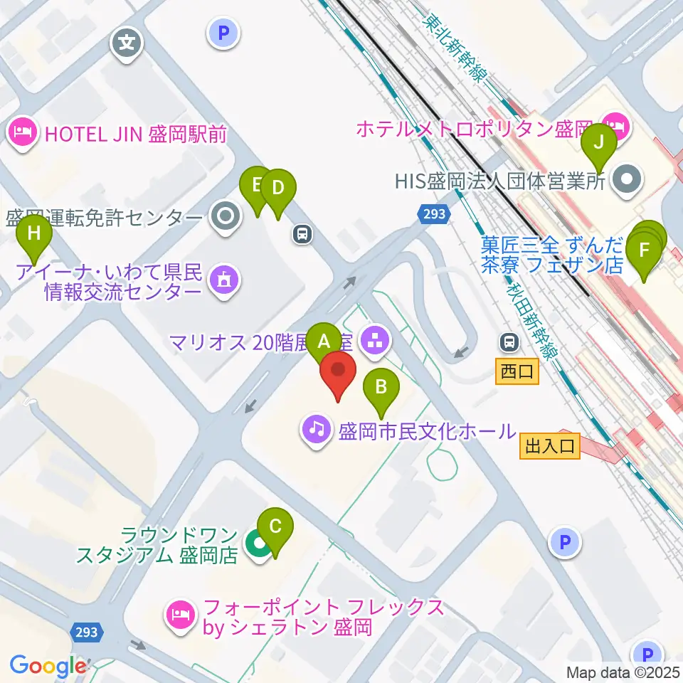 盛岡市民文化ホール周辺のファミレス・ファーストフード一覧地図