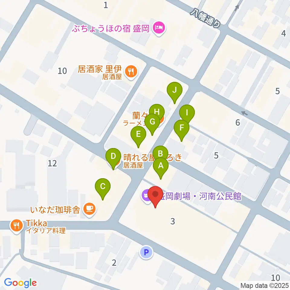 盛岡劇場・河南公民館周辺のファミレス・ファーストフード一覧地図