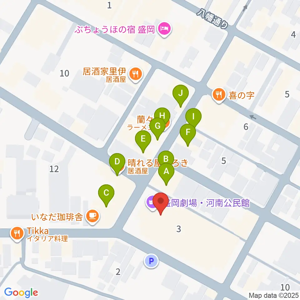 盛岡劇場・河南公民館周辺のファミレス・ファーストフード一覧地図