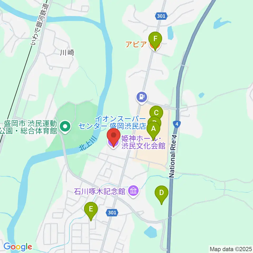 姫神ホール周辺のファミレス・ファーストフード一覧地図