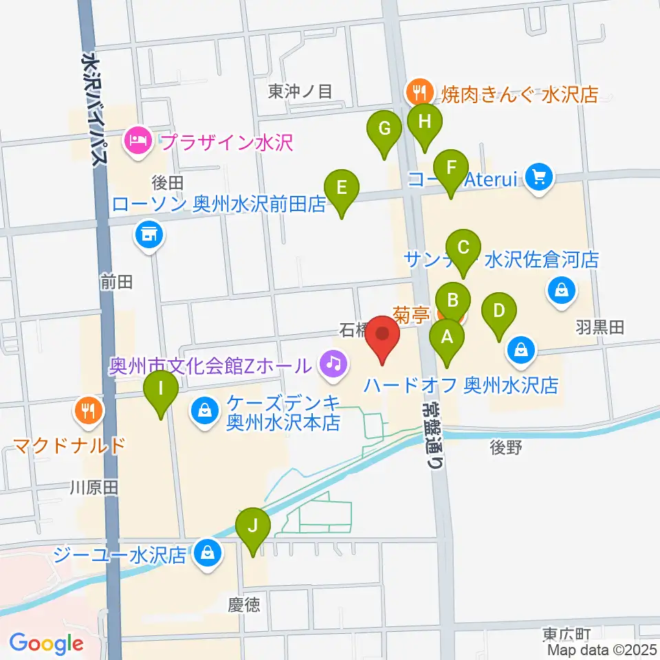 奥州市文化会館Zホール周辺のファミレス・ファーストフード一覧地図