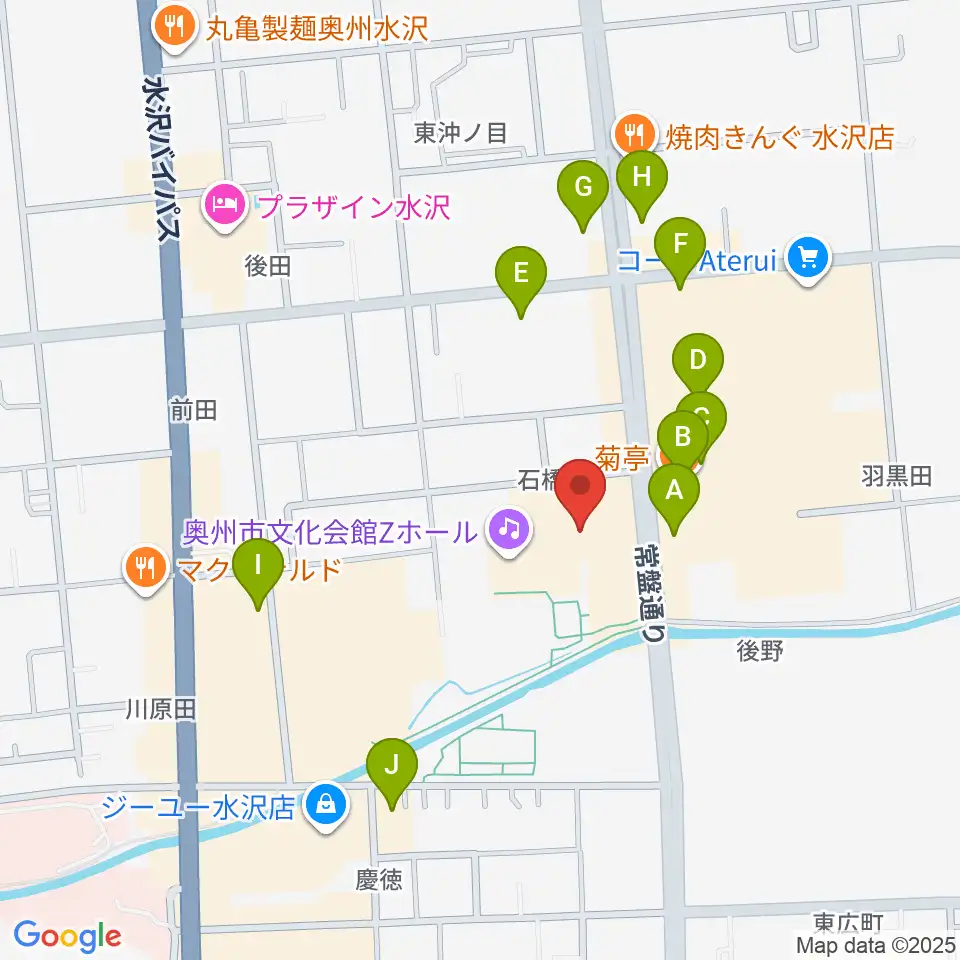 奥州市文化会館Zホール周辺のファミレス・ファーストフード一覧地図