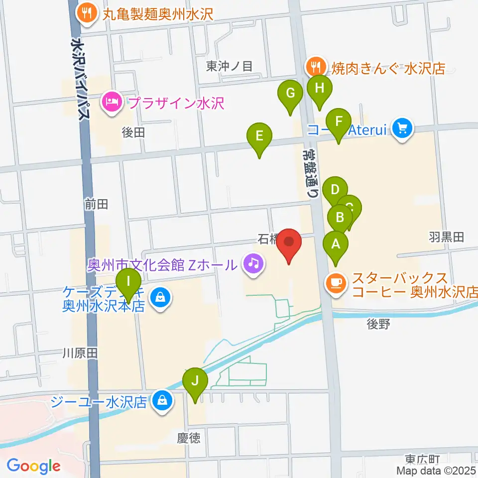 奥州市文化会館Zホール周辺のファミレス・ファーストフード一覧地図
