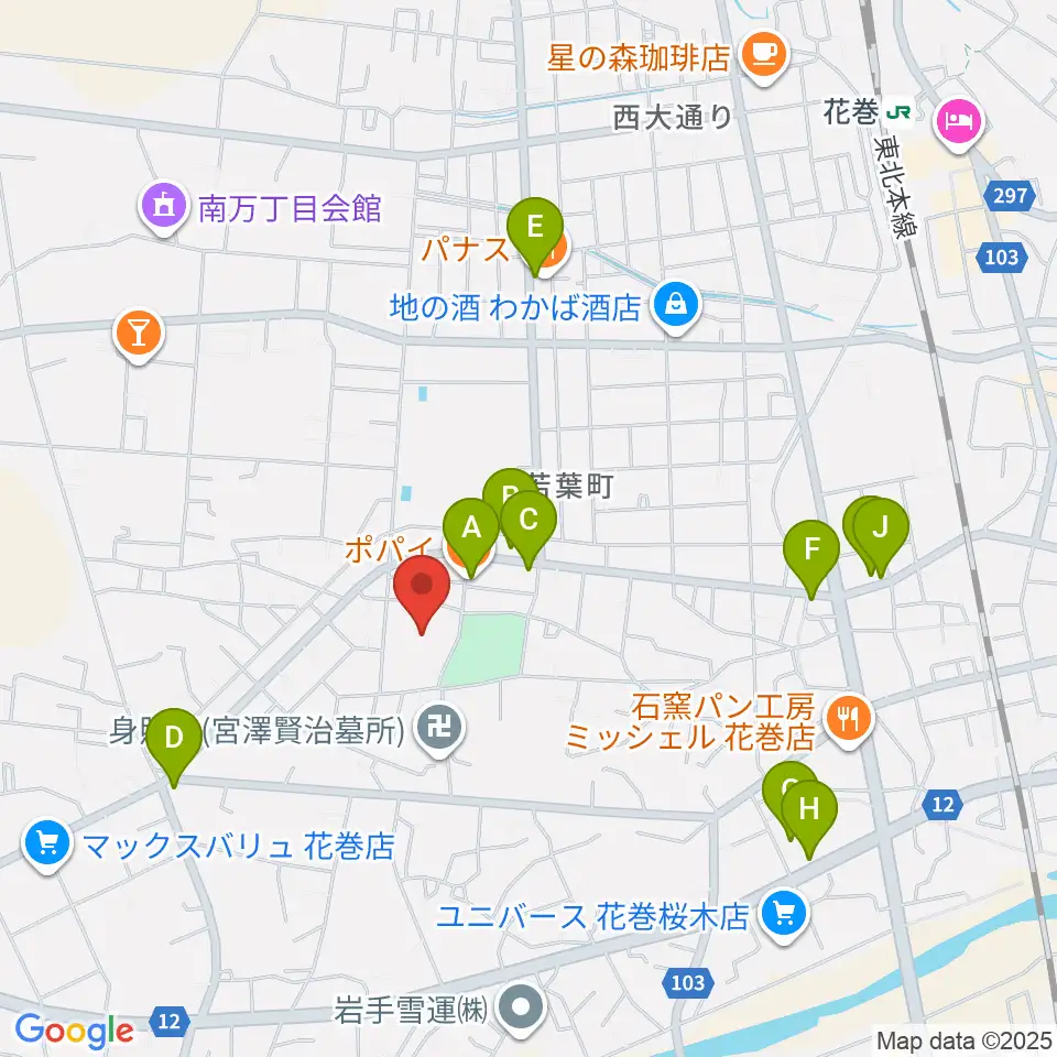 花巻市文化会館周辺のファミレス・ファーストフード一覧地図