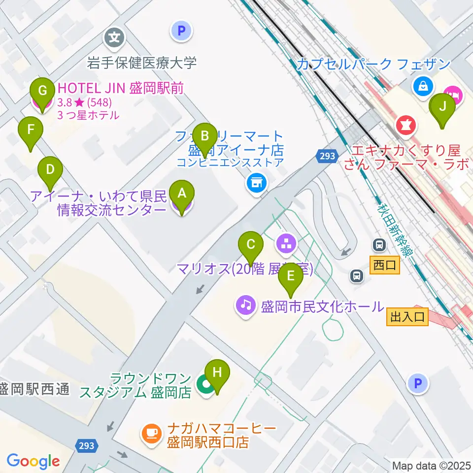 いわて県民情報交流センター アイーナ周辺のファミレス・ファーストフード一覧地図