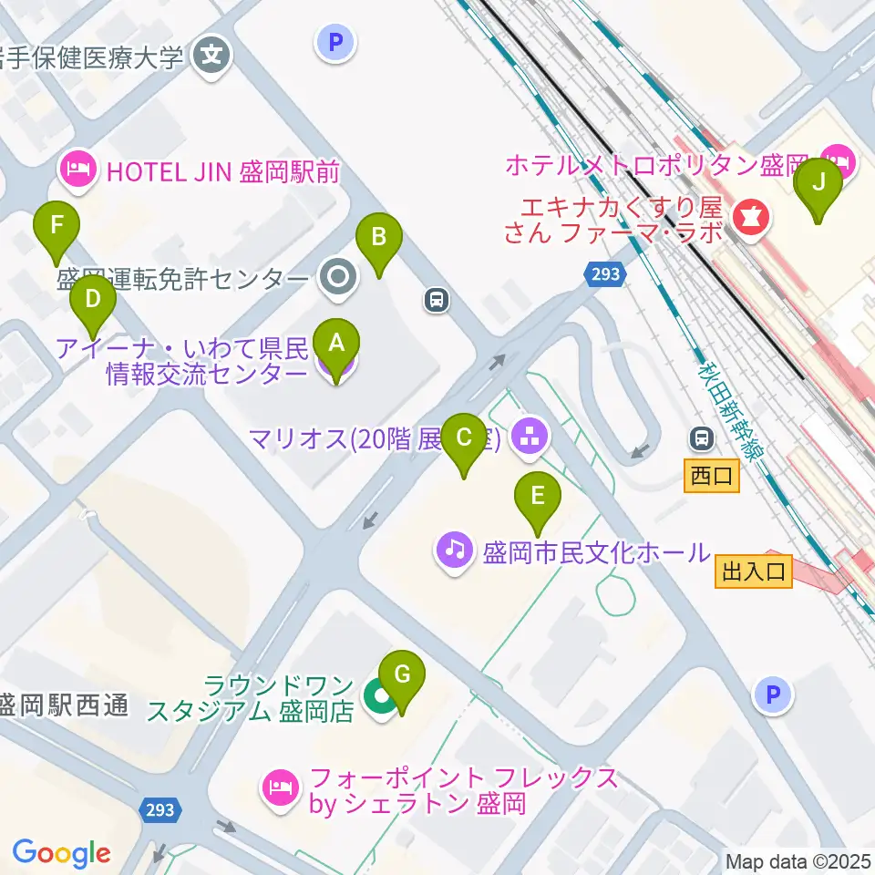 いわて県民情報交流センター アイーナ周辺のファミレス・ファーストフード一覧地図