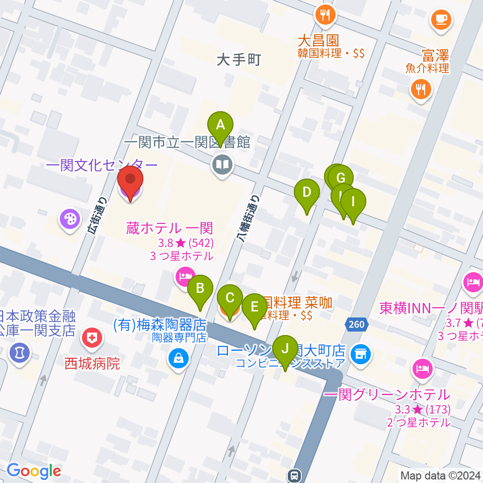 一関文化センター周辺のファミレス・ファーストフード一覧地図