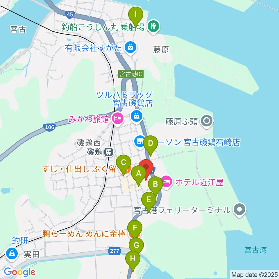 宮古市民文化会館周辺のファミレス・ファーストフード一覧地図