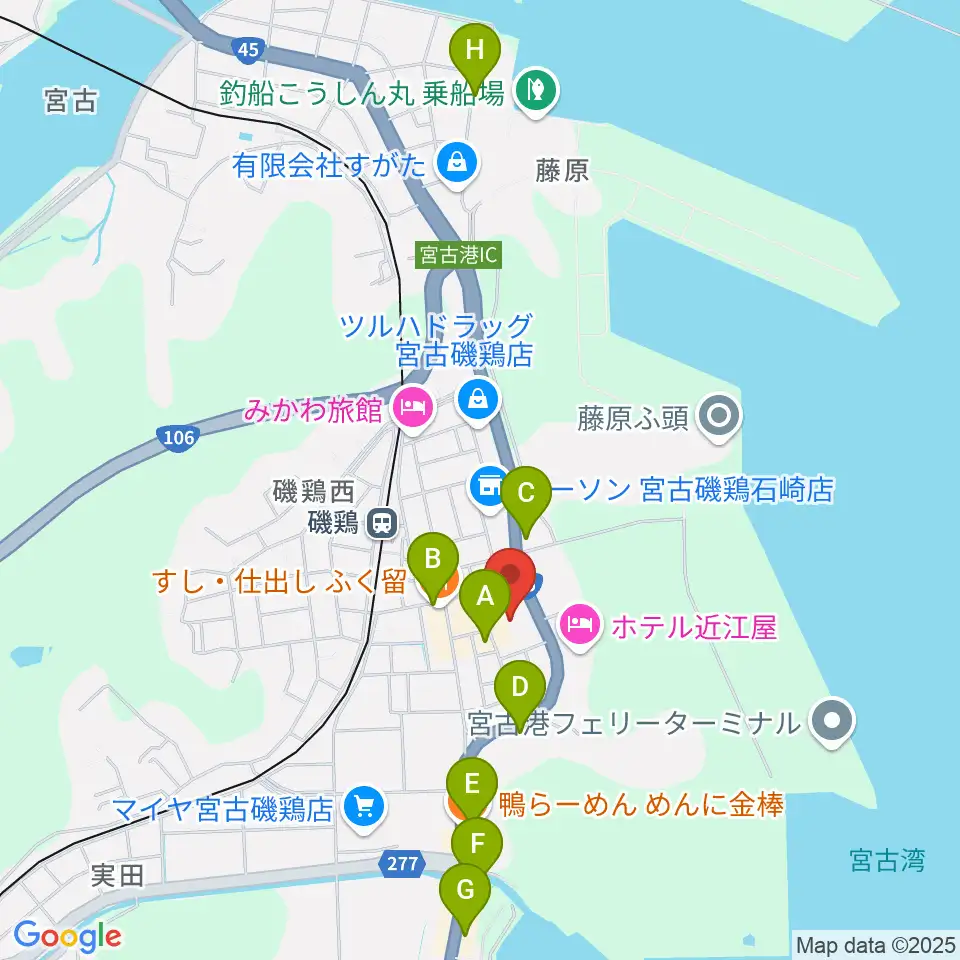 宮古市民文化会館周辺のファミレス・ファーストフード一覧地図