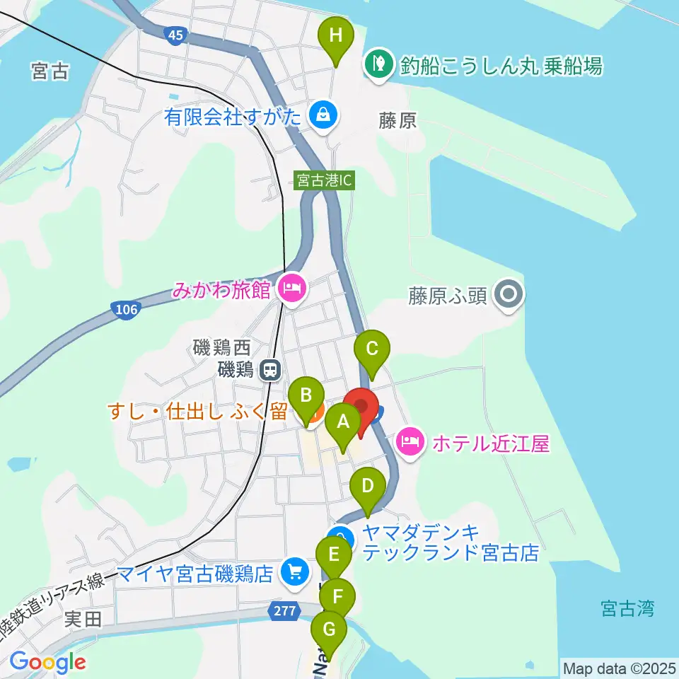 宮古市民文化会館周辺のファミレス・ファーストフード一覧地図