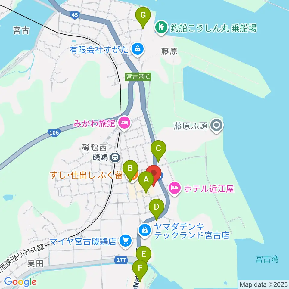 宮古市民文化会館周辺のファミレス・ファーストフード一覧地図