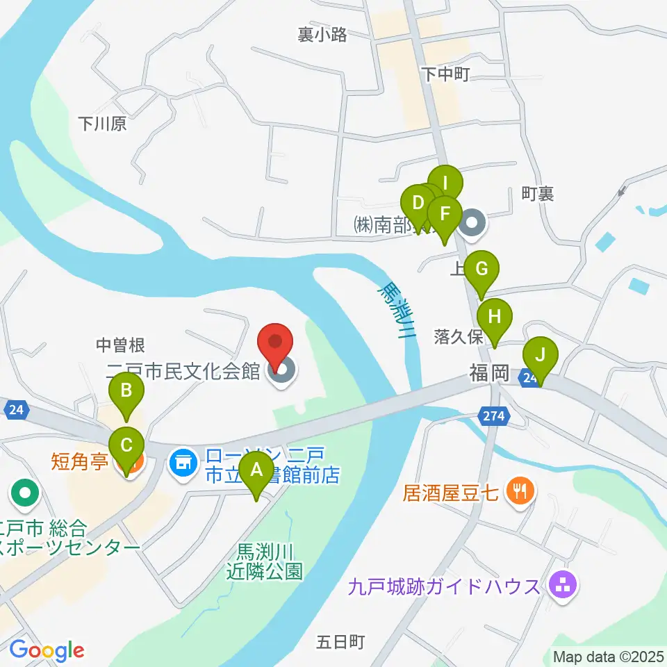 二戸市民文化会館周辺のファミレス・ファーストフード一覧地図