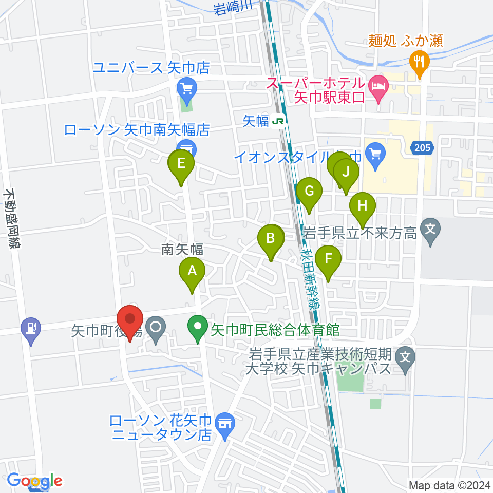 田園ホール 矢巾町文化会館周辺のファミレス・ファーストフード一覧地図