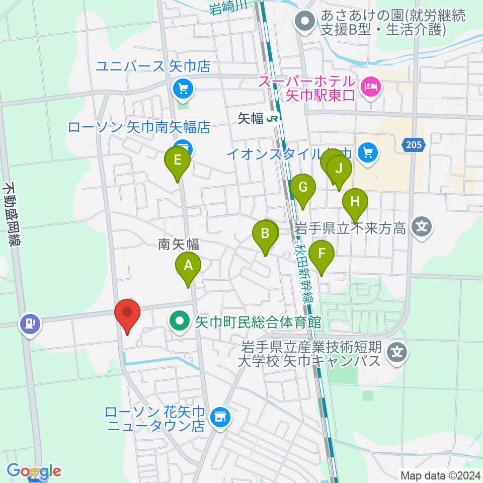 田園ホール 矢巾町文化会館周辺のファミレス・ファーストフード一覧地図