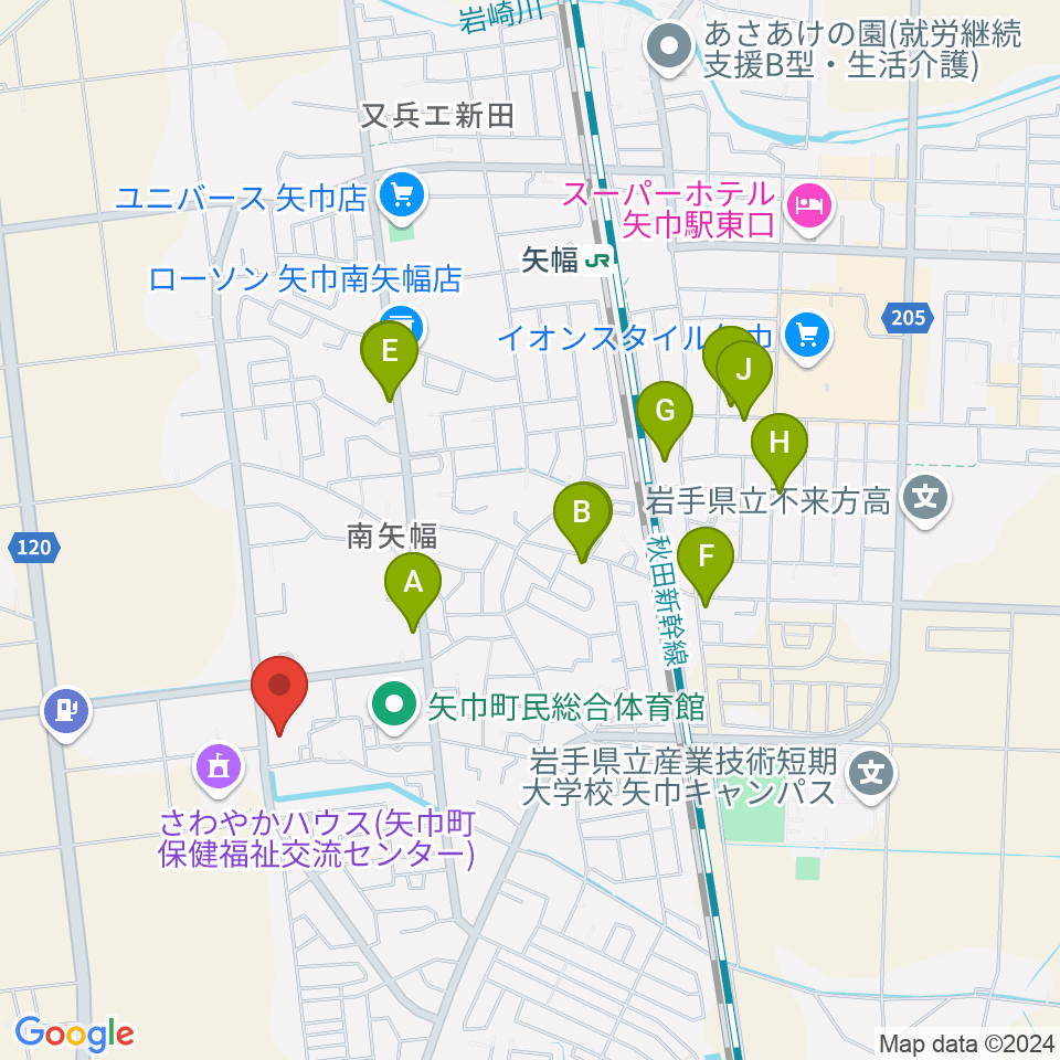 田園ホール 矢巾町文化会館周辺のファミレス・ファーストフード一覧地図