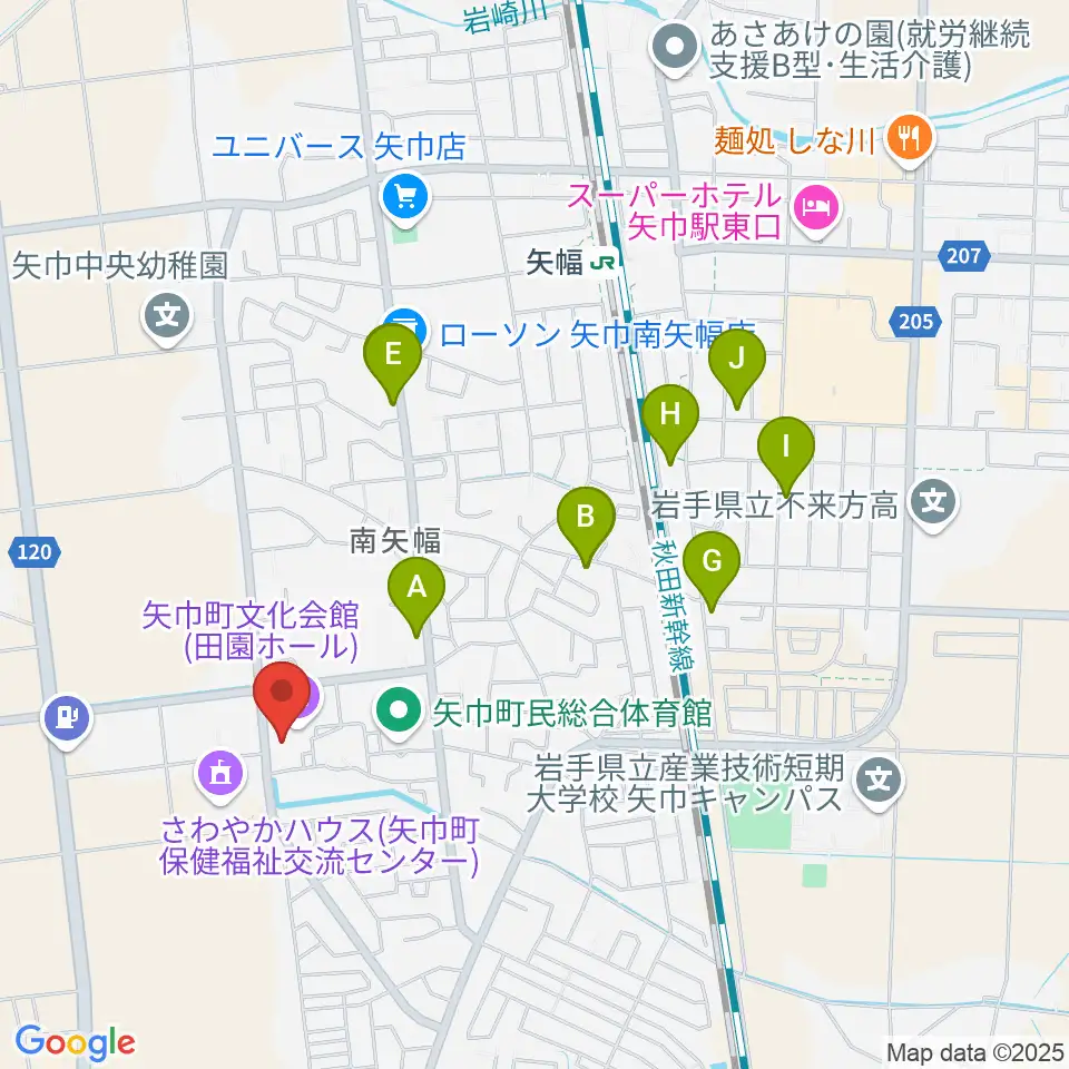 田園ホール 矢巾町文化会館周辺のファミレス・ファーストフード一覧地図